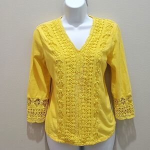 SPORTELLE BLOUSE, Sz XL(Petite),  Yellow, 3/4 Sleeve,V-neck, Embroidered, Cotton